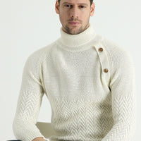 Ekru Balıkçı Yaka Slim Fit Dar Kesim Desenli Yünlü Triko Kazak