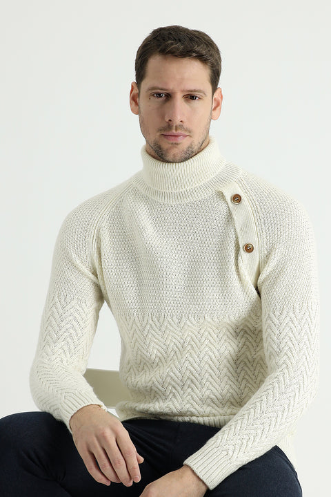 Ekru Balıkçı Yaka Slim Fit Dar Kesim Desenli Yünlü Triko Kazak