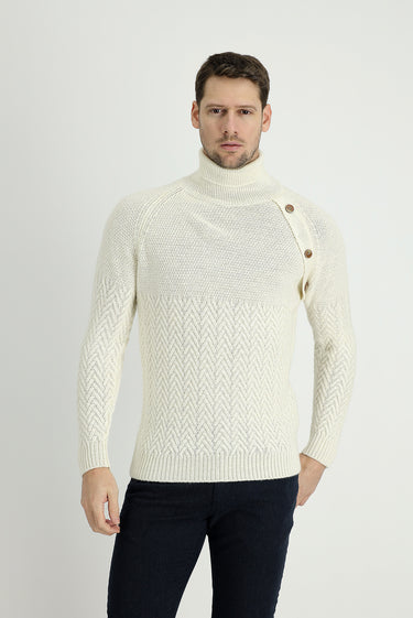 Ekru Balıkçı Yaka Slim Fit Dar Kesim Desenli Yünlü Triko Kazak