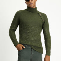 Orta Haki Balıkçı Yaka Slim Fit Dar Kesim Desenli Yünlü Triko Kazak