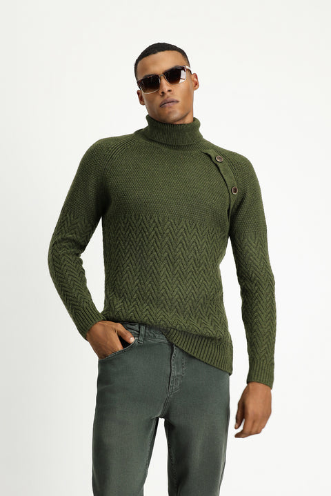 Orta Haki Balıkçı Yaka Slim Fit Dar Kesim Desenli Yünlü Triko Kazak