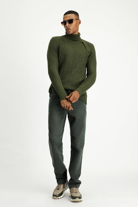 Orta Haki Balıkçı Yaka Slim Fit Dar Kesim Desenli Yünlü Triko Kazak