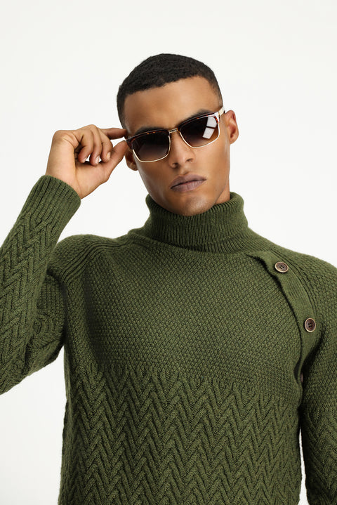 Orta Haki Balıkçı Yaka Slim Fit Dar Kesim Desenli Yünlü Triko Kazak