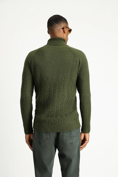 Orta Haki Balıkçı Yaka Slim Fit Dar Kesim Desenli Yünlü Triko Kazak