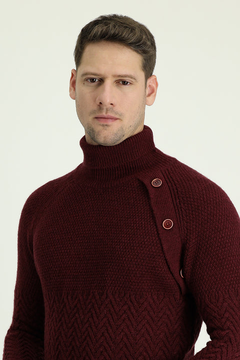 Koyu Bordo Balıkçı Yaka Slim Fit Dar Kesim Desenli Yünlü Triko Kazak