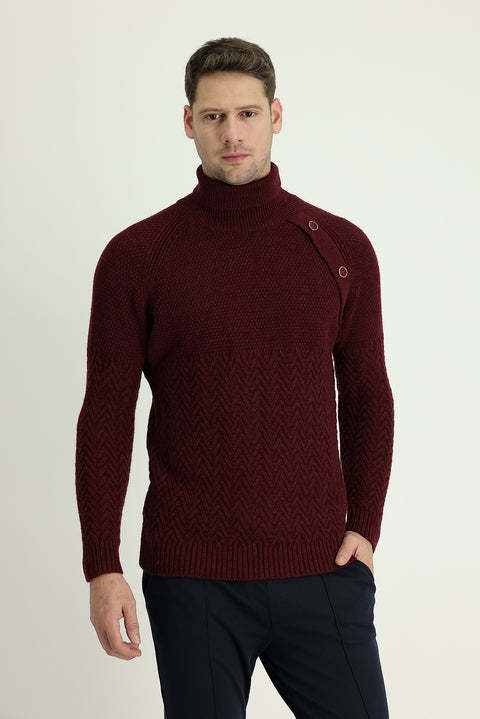 Koyu Bordo Balıkçı Yaka Slim Fit Dar Kesim Desenli Yünlü Triko Kazak