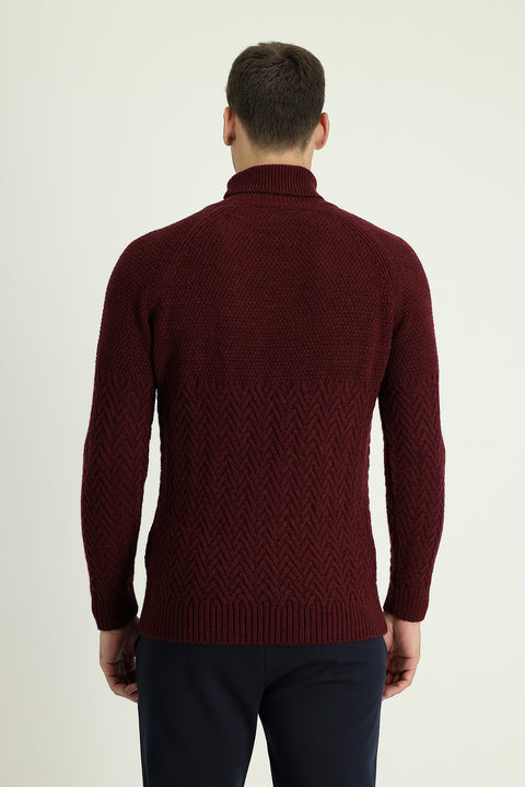 Koyu Bordo Balıkçı Yaka Slim Fit Dar Kesim Desenli Yünlü Triko Kazak