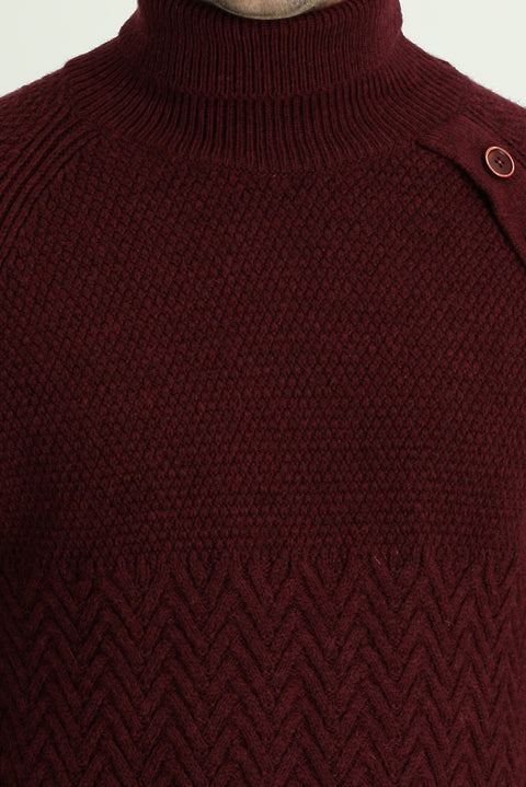 Koyu Bordo Balıkçı Yaka Slim Fit Dar Kesim Desenli Yünlü Triko Kazak