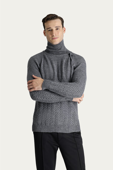 Orta Gri Melanj Balıkçı Yaka Slim Fit Dar Kesim Desenli Yünlü Triko Kazak