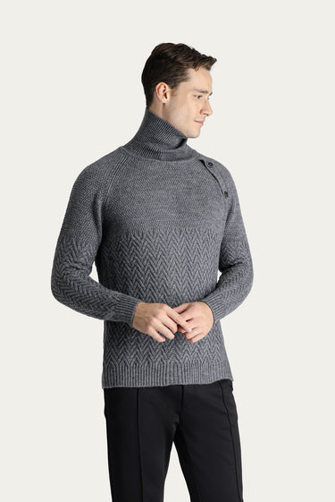 Orta Gri Melanj Balıkçı Yaka Slim Fit Dar Kesim Desenli Yünlü Triko Kazak