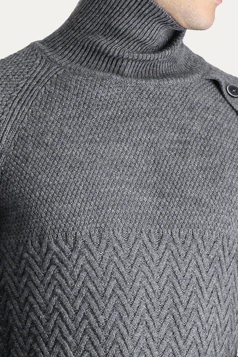 Orta Gri Melanj Balıkçı Yaka Slim Fit Dar Kesim Desenli Yünlü Triko Kazak