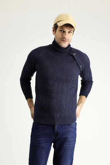  Orta Lacivert Melanj Balıkçı Yaka Slim Fit Dar Kesim Desenli Yünlü Triko Kazak