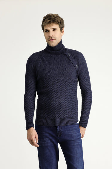  Orta Lacivert Melanj Balıkçı Yaka Slim Fit Dar Kesim Desenli Yünlü Triko Kazak
