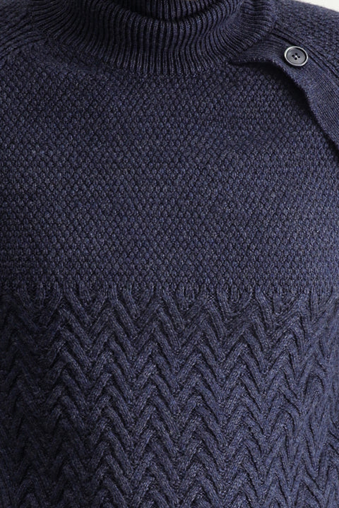 Orta Lacivert Melanj Balıkçı Yaka Slim Fit Dar Kesim Desenli Yünlü Triko Kazak
