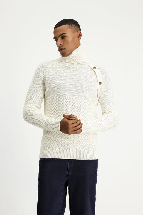 Ekru Balıkçı Yaka Slim Fit Dar Kesim Desenli Yünlü Triko Kazak