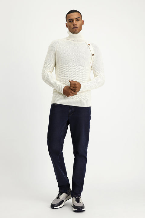 Ekru Balıkçı Yaka Slim Fit Dar Kesim Desenli Yünlü Triko Kazak