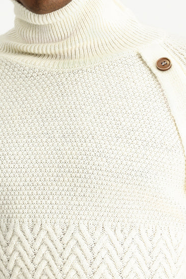 Ekru Balıkçı Yaka Slim Fit Dar Kesim Desenli Yünlü Triko Kazak