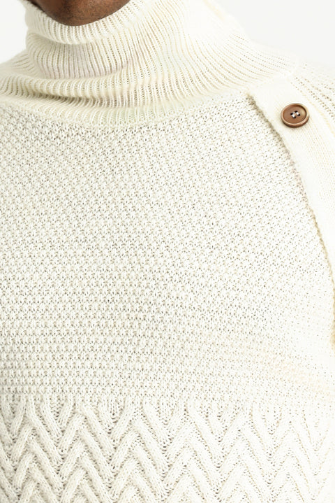 Ekru Balıkçı Yaka Slim Fit Dar Kesim Desenli Yünlü Triko Kazak