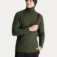 Orta Haki Balıkçı Yaka Slim Fit Dar Kesim Desenli Yünlü Triko Kazak