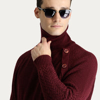 Koyu Bordo Balıkçı Yaka Slim Fit Dar Kesim Desenli Yünlü Triko Kazak