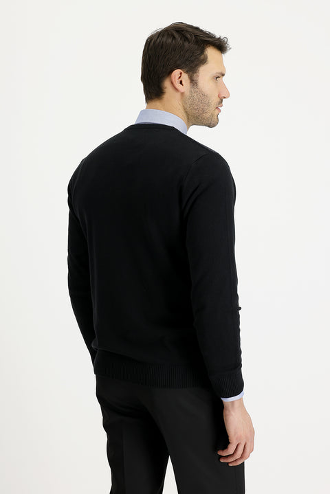 Siyah V Yaka Regular Fit Desenli Triko Kazak