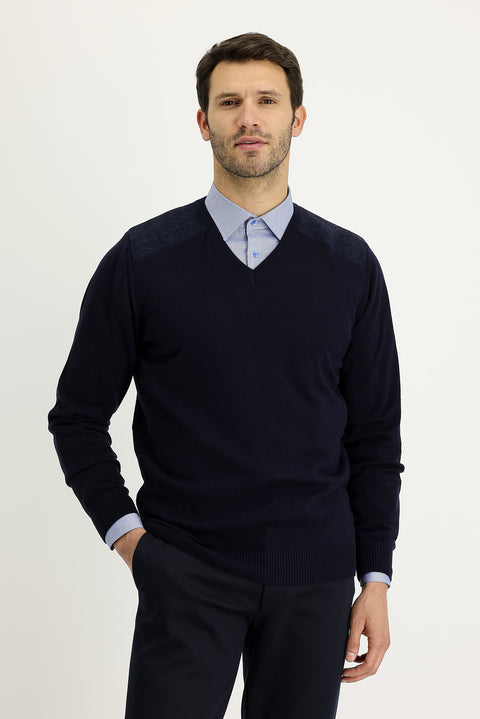 Dark Navy V-Neck Regular Fit Patterned Knit Sweater