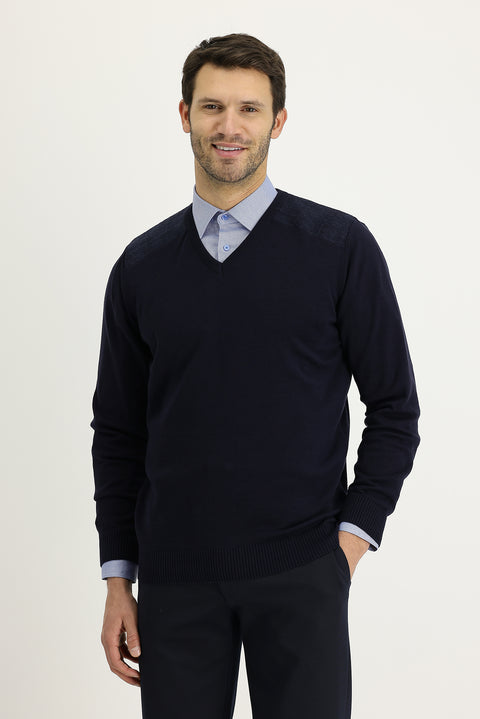 Dark Navy V-Neck Regular Fit Patterned Knit Sweater