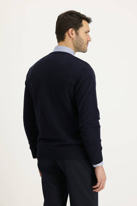 Dark Navy V-Neck Regular Fit Patterned Knit Sweater