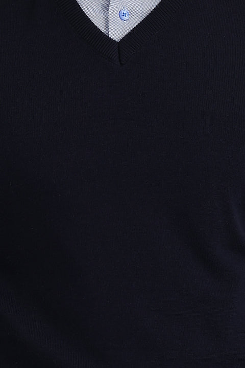 Dark Navy V-Neck Regular Fit Patterned Knit Sweater