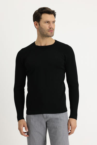 Siyah Bisiklet Yaka Slim Fit Dar Kesim Desenli Pamuklu Triko Kazak