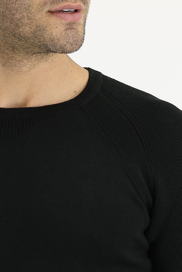 Siyah Bisiklet Yaka Slim Fit Dar Kesim Desenli Pamuklu Triko Kazak