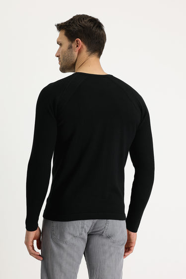 Siyah Bisiklet Yaka Slim Fit Dar Kesim Desenli Pamuklu Triko Kazak