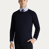Koyu Lacivert Bisiklet Yaka Slim Fit Dar Kesim Desenli Pamuklu Triko Kazak