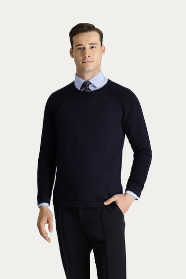 Koyu Lacivert Bisiklet Yaka Slim Fit Dar Kesim Desenli Pamuklu Triko Kazak