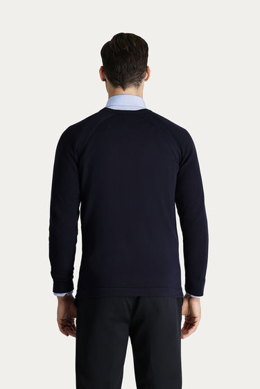 Koyu Lacivert Bisiklet Yaka Slim Fit Dar Kesim Desenli Pamuklu Triko Kazak