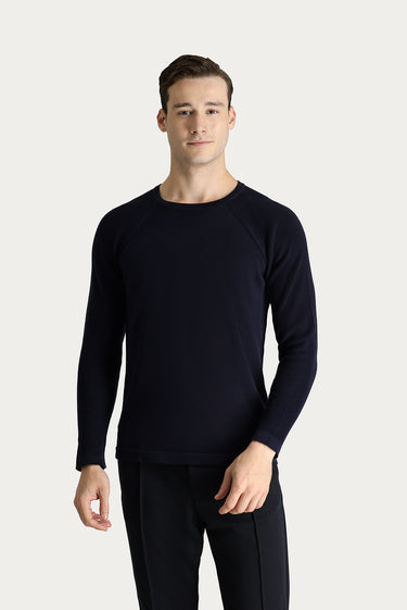Koyu Lacivert Bisiklet Yaka Slim Fit Dar Kesim Desenli Pamuklu Triko Kazak