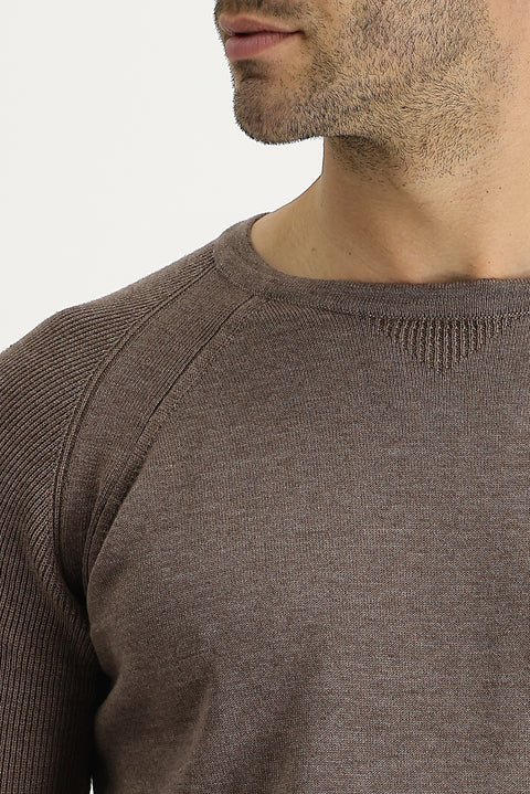 Açık Kahve Melanj Bisiklet Yaka Slim Fit Desenli Pamuklu Triko Kazak