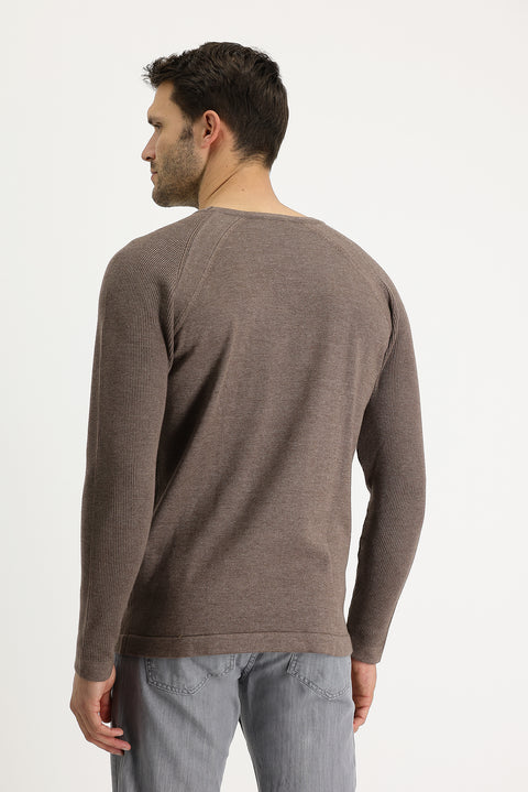 Açık Kahve Melanj Bisiklet Yaka Slim Fit Desenli Pamuklu Triko Kazak