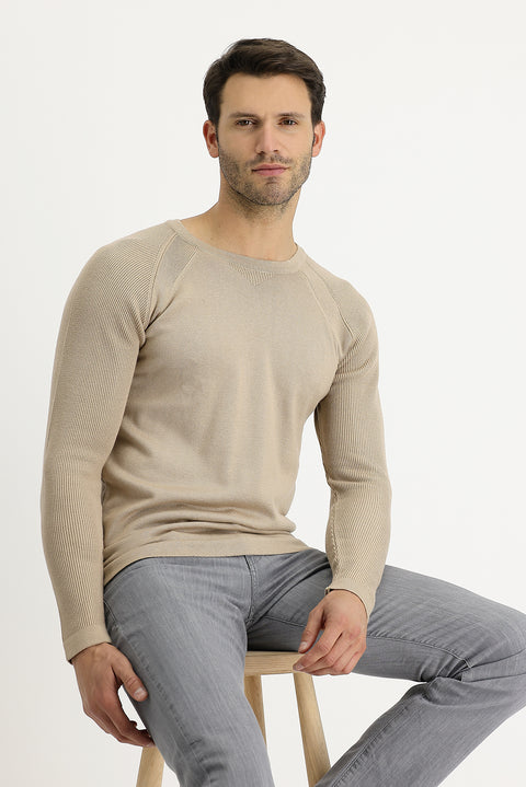 Orta Bej Bisiklet Yaka Slim Fit Desenli Pamuklu Triko Kazak