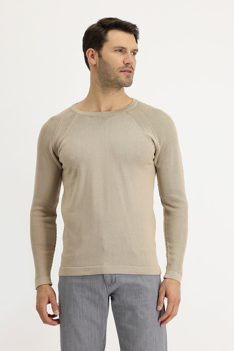 Orta Bej Bisiklet Yaka Slim Fit Desenli Pamuklu Triko Kazak