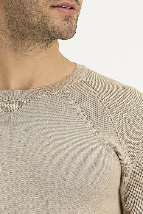 Orta Bej Bisiklet Yaka Slim Fit Desenli Pamuklu Triko Kazak