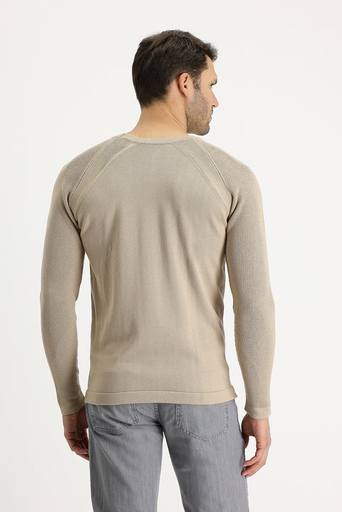 Orta Bej Bisiklet Yaka Slim Fit Desenli Pamuklu Triko Kazak