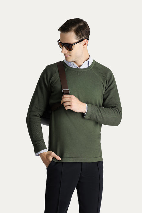 Açık Haki Bisiklet Yaka Slim Fit Desenli Pamuklu Triko Kazak