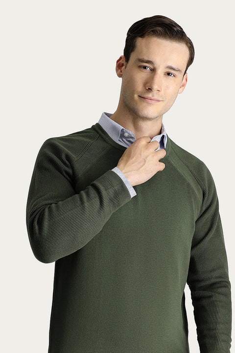 Açık Haki Bisiklet Yaka Slim Fit Desenli Pamuklu Triko Kazak