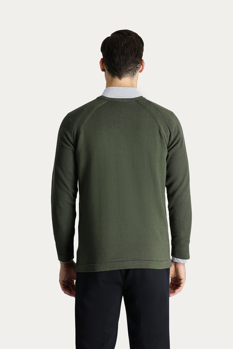 Açık Haki Bisiklet Yaka Slim Fit Desenli Pamuklu Triko Kazak