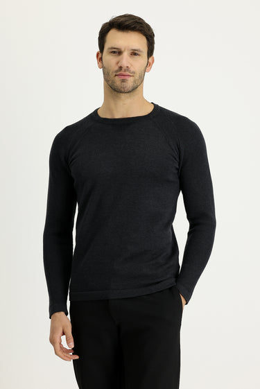 Orta Antrasit Bisiklet Yaka Slim Fit Dar Kesim Desenli Pamuklu Triko Kazak
