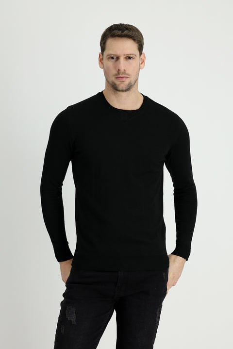 Siyah Bisiklet Yaka Slim Fit Dar Kesim Pamuklu Triko Kazak