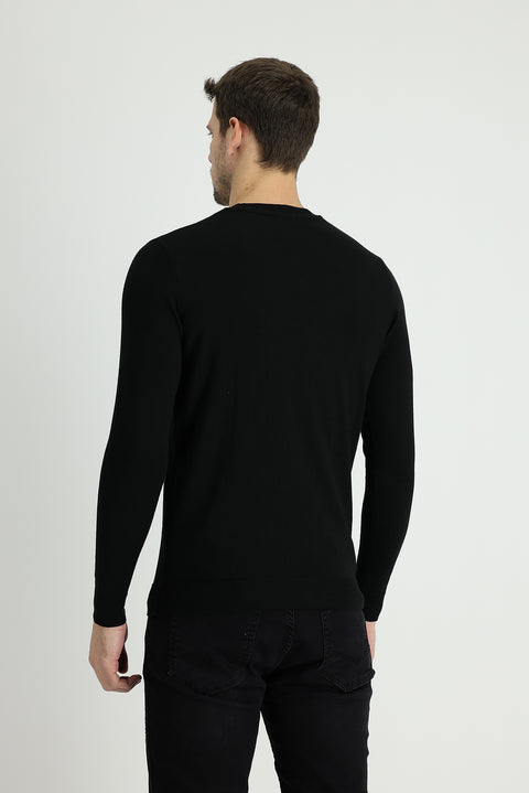 Siyah Bisiklet Yaka Slim Fit Dar Kesim Desenli Pamuklu Triko Kazak