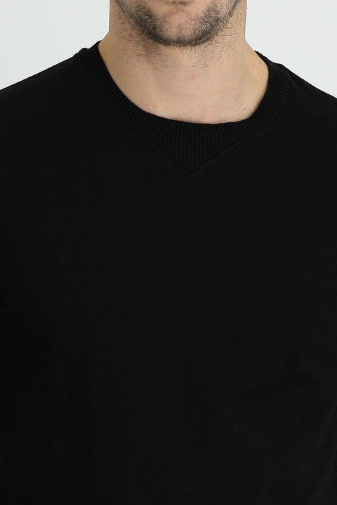 Siyah Bisiklet Yaka Slim Fit Dar Kesim Pamuklu Triko Kazak