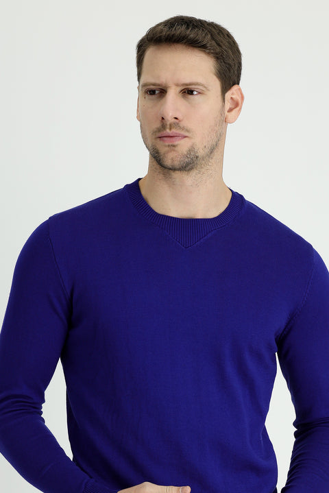 Saks Mavi Bisiklet Yaka Slim Fit Dar Kesim Desenli Pamuklu Triko Kazak